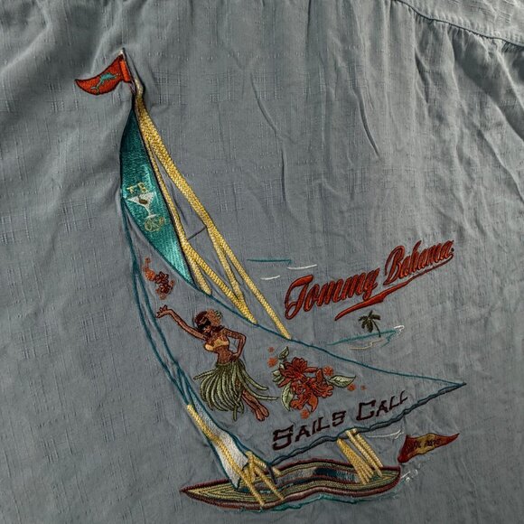 Tommy Bahama Sails Call Hula Girl Embroidered Hawaiian Shirt Blue 2XL Silk Adult - Picture 4 of 16